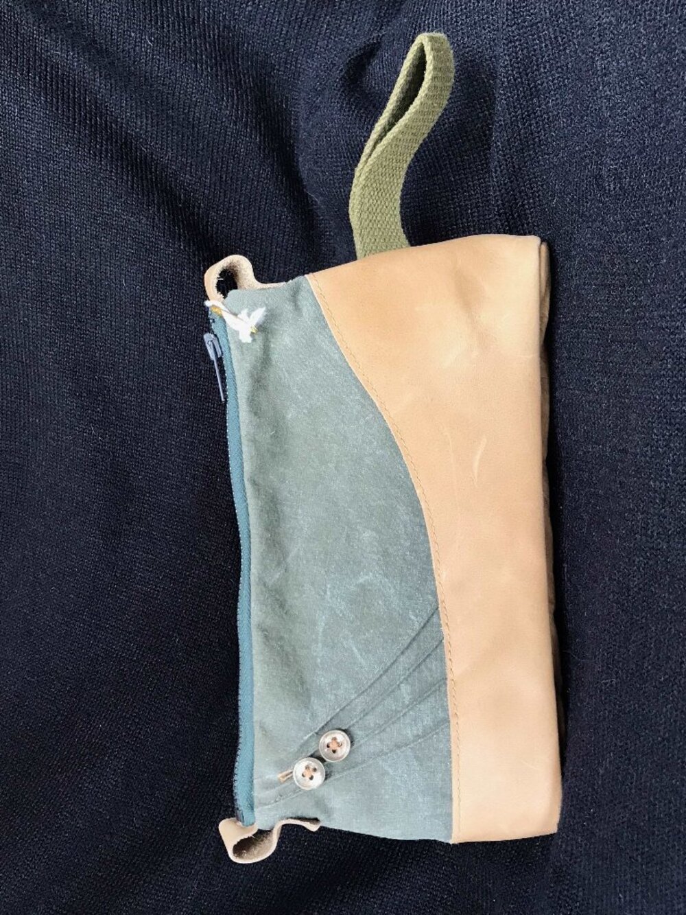 jack &marjorie clutch handbag. Recycled military fabric. Leather and canvas.